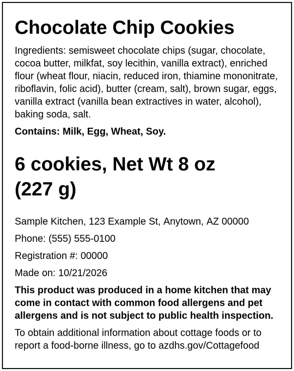 Example Arizona cottage food label for Chocolate Chip Cookies, made with the Easy Food Labels tool for the fictional Sample Kitchen: Arizona home-kitchen statement, ingredients, allergens, net weight and business details
