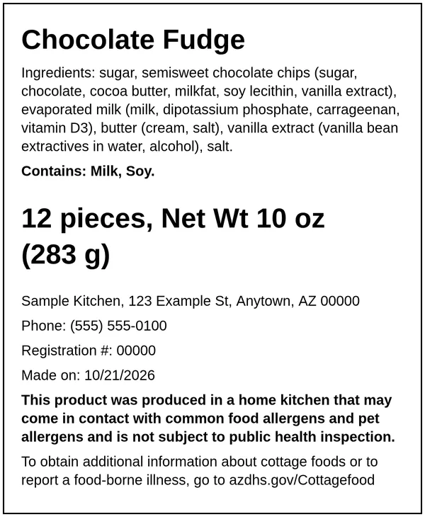 Example Arizona cottage food label for Chocolate Fudge, made with the Easy Food Labels tool for the fictional Sample Kitchen: Arizona home-kitchen statement, ingredients, allergens, net weight and business details