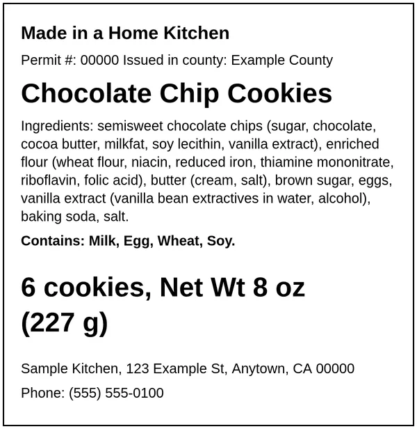 Example California cottage food label for Chocolate Chip Cookies, made with the Easy Food Labels tool for the fictional Sample Kitchen: California home-kitchen statement, ingredients, allergens, net weight and business details