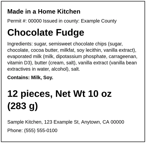 Example California cottage food label for Chocolate Fudge, made with the Easy Food Labels tool for the fictional Sample Kitchen: California home-kitchen statement, ingredients, allergens, net weight and business details