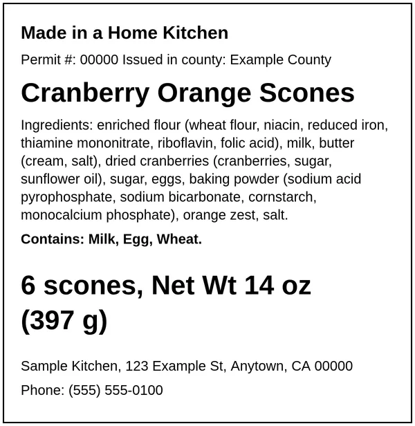 Example California cottage food label for Cranberry Orange Scones for the fictional Sample Kitchen