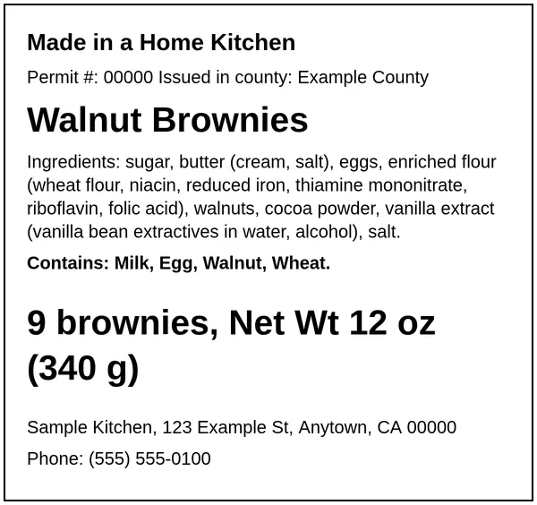 Example California cottage food label for Walnut Brownies for the fictional Sample Kitchen
