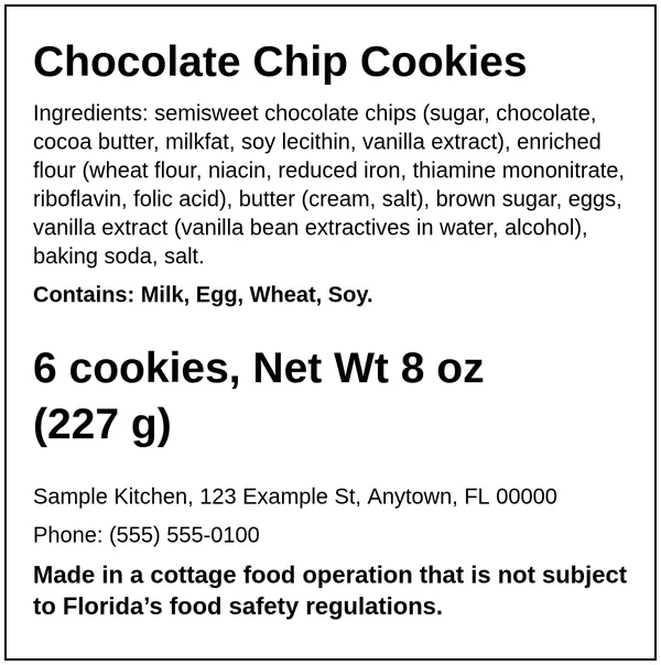 Example Florida cottage food label for Chocolate Chip Cookies, made with the Easy Food Labels tool for the fictional Sample Kitchen: Florida home-kitchen statement, ingredients, allergens, net weight and business details
