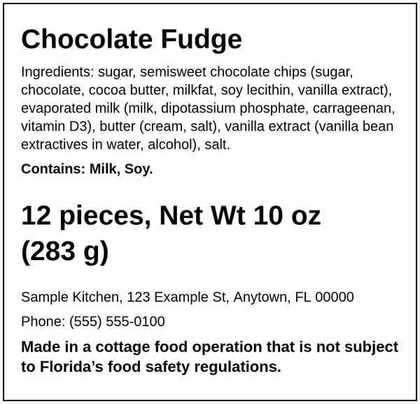 Example Florida cottage food label for Chocolate Fudge, made with the Easy Food Labels tool for the fictional Sample Kitchen: Florida home-kitchen statement, ingredients, allergens, net weight and business details