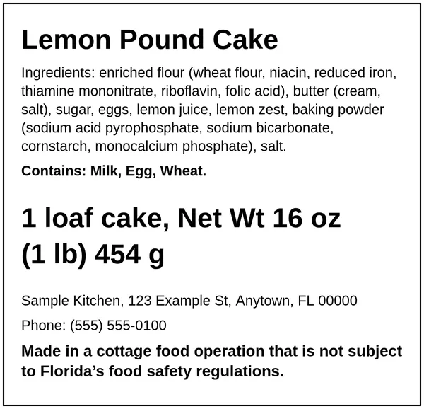 Example Florida cottage food label for Lemon Pound Cake for the fictional Sample Kitchen
