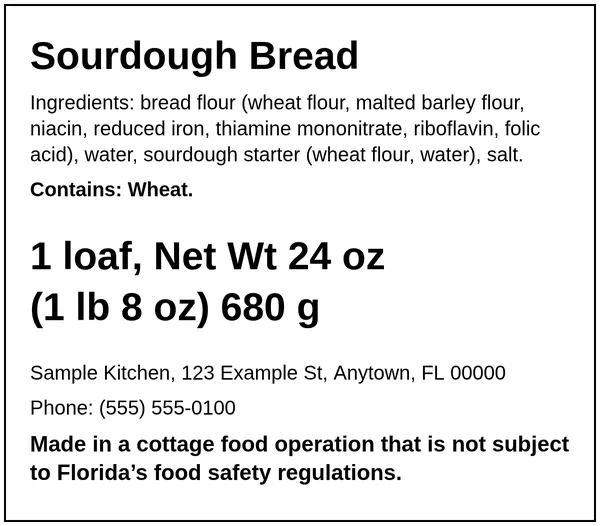 Example Florida cottage food label for Sourdough Bread, made with the Easy Food Labels tool for the fictional Sample Kitchen: Florida home-kitchen statement, ingredients, allergens, net weight and business details
