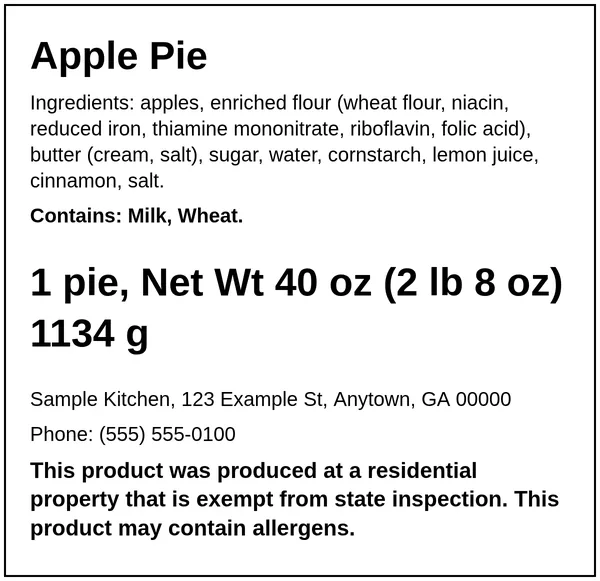 Example Georgia cottage food label for Apple Pie for the fictional Sample Kitchen