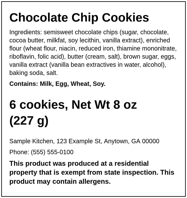 Example Georgia cottage food label for Chocolate Chip Cookies, made with the Easy Food Labels tool for the fictional Sample Kitchen: Georgia home-kitchen statement, ingredients, allergens, net weight and business details