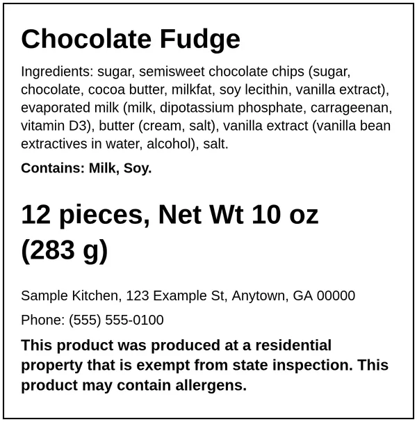 Example Georgia cottage food label for Chocolate Fudge, made with the Easy Food Labels tool for the fictional Sample Kitchen: Georgia home-kitchen statement, ingredients, allergens, net weight and business details