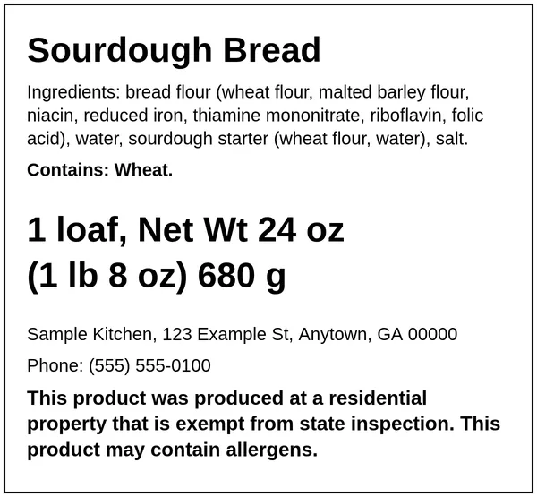 Example Georgia cottage food label for Sourdough Bread, made with the Easy Food Labels tool for the fictional Sample Kitchen: Georgia home-kitchen statement, ingredients, allergens, net weight and business details
