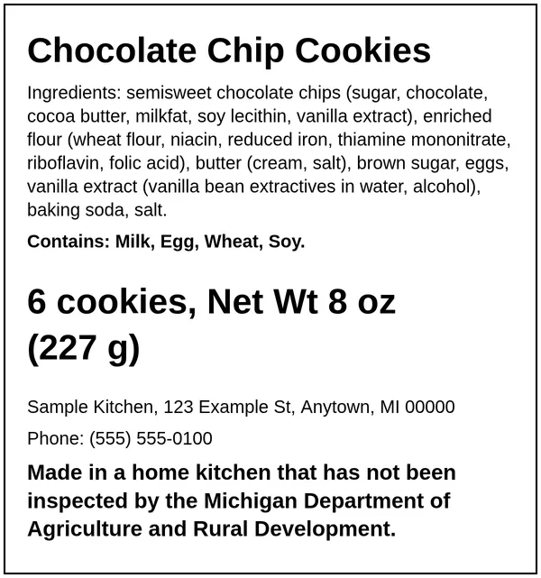 Example Michigan cottage food label for Chocolate Chip Cookies, made with the Easy Food Labels tool for the fictional Sample Kitchen: Michigan home-kitchen statement, ingredients, allergens, net weight and business details