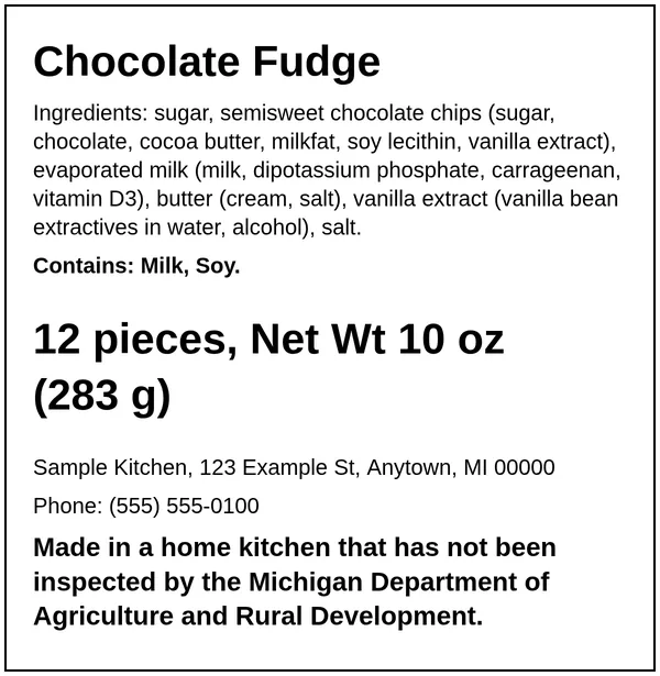 Example Michigan cottage food label for Chocolate Fudge, made with the Easy Food Labels tool for the fictional Sample Kitchen: Michigan home-kitchen statement, ingredients, allergens, net weight and business details