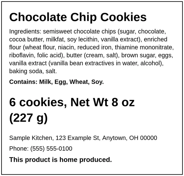 Example Ohio cottage food label for Chocolate Chip Cookies, made with the Easy Food Labels tool for the fictional Sample Kitchen: Ohio home-kitchen statement, ingredients, allergens, net weight and business details