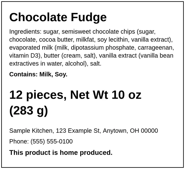 Example Ohio cottage food label for Chocolate Fudge, made with the Easy Food Labels tool for the fictional Sample Kitchen: Ohio home-kitchen statement, ingredients, allergens, net weight and business details