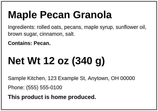 Example Ohio cottage food label for Maple Pecan Granola for the fictional Sample Kitchen