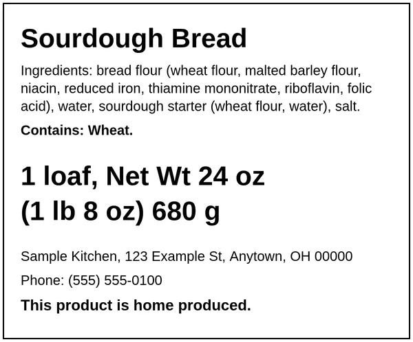 Example Ohio cottage food label for Sourdough Bread, made with the Easy Food Labels tool for the fictional Sample Kitchen: Ohio home-kitchen statement, ingredients, allergens, net weight and business details