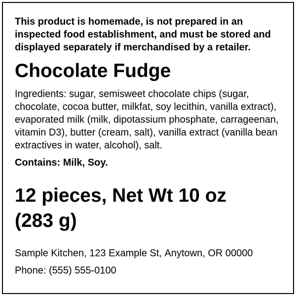Example Oregon cottage food label for Chocolate Fudge, made with the Easy Food Labels tool for the fictional Sample Kitchen: Oregon home-kitchen statement, ingredients, allergens, net weight and business details