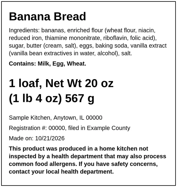 Illinois cottage food label example for Banana Bread (fictional business), downloaded as a PNG from the Easy Food Labels tool
