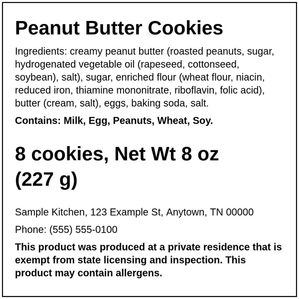 Tennessee cottage food label example for Peanut Butter Cookies (fictional business), downloaded as a PNG from the Easy Food Labels tool