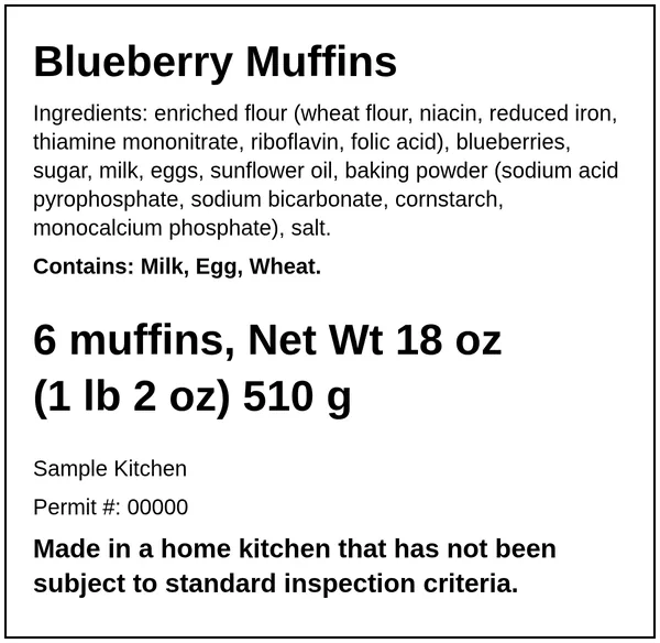 Washington cottage food label example for Blueberry Muffins (fictional business), downloaded as a PNG from the Easy Food Labels tool