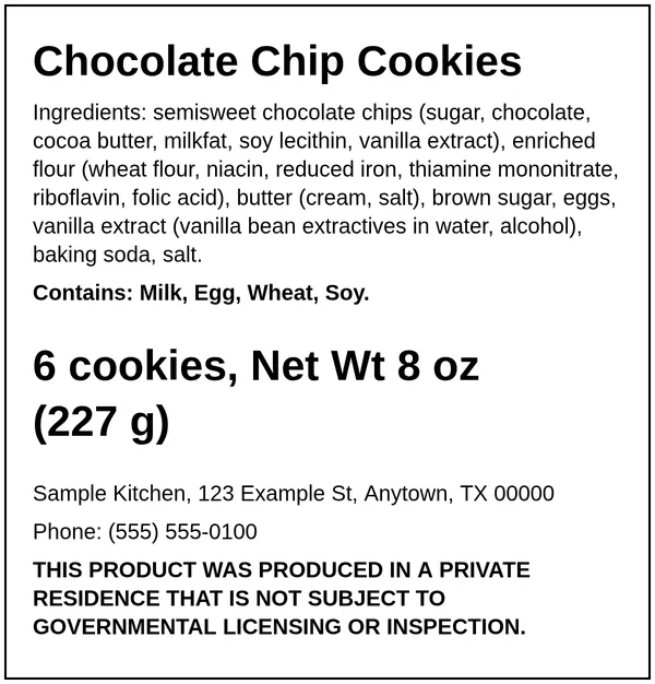 Example Texas cottage food label for Chocolate Chip Cookies, made with the Easy Food Labels tool for the fictional Sample Kitchen: Texas home-kitchen statement, ingredients, allergens, net weight and business details