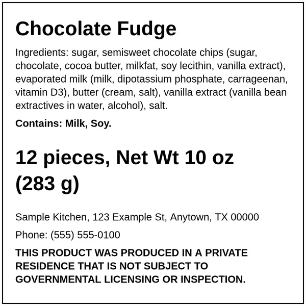 Example Texas cottage food label for Chocolate Fudge, made with the Easy Food Labels tool for the fictional Sample Kitchen: Texas home-kitchen statement, ingredients, allergens, net weight and business details