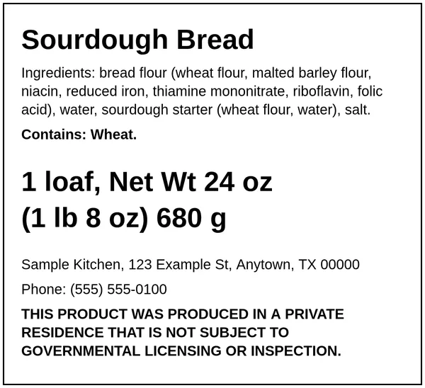 Example Texas cottage food label for Sourdough Bread, made with the Easy Food Labels tool for the fictional Sample Kitchen: Texas home-kitchen statement, ingredients, allergens, net weight and business details