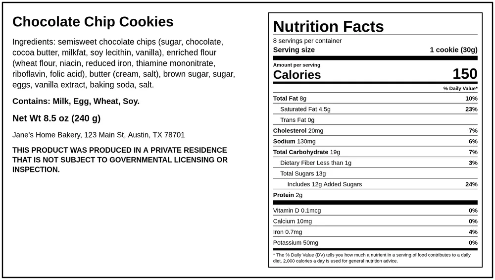 Sample combined print-ready food label with Nutrition Facts, ingredients, allergens, net weight and maker